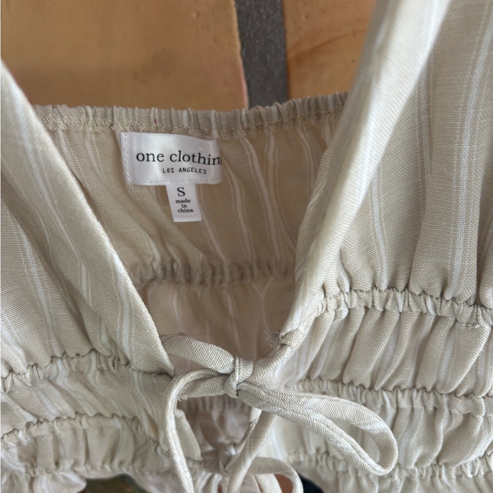 One clothing Beige striped Halter Ruched Waist Crop Top with ope tie details - Picture 3 of 4